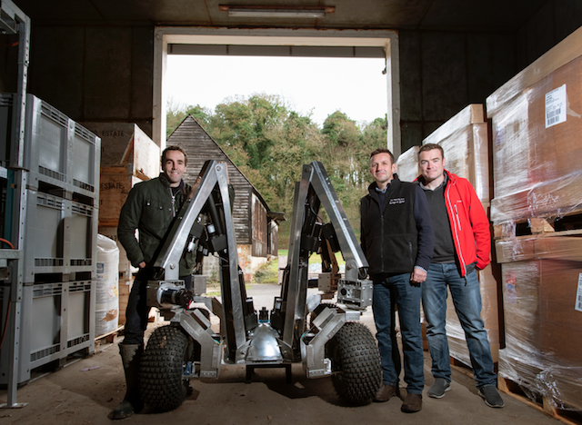 Harry prototype robot together with Sam Watson Jones, co-founder, Small Robot Company Andrew Hoad, Partner & Head of the Leckford Estate, and Joe Allnutt, Head of Robot Awesomeness